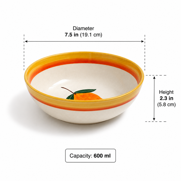 Ceramic bowl with orange design and measurements on a white background