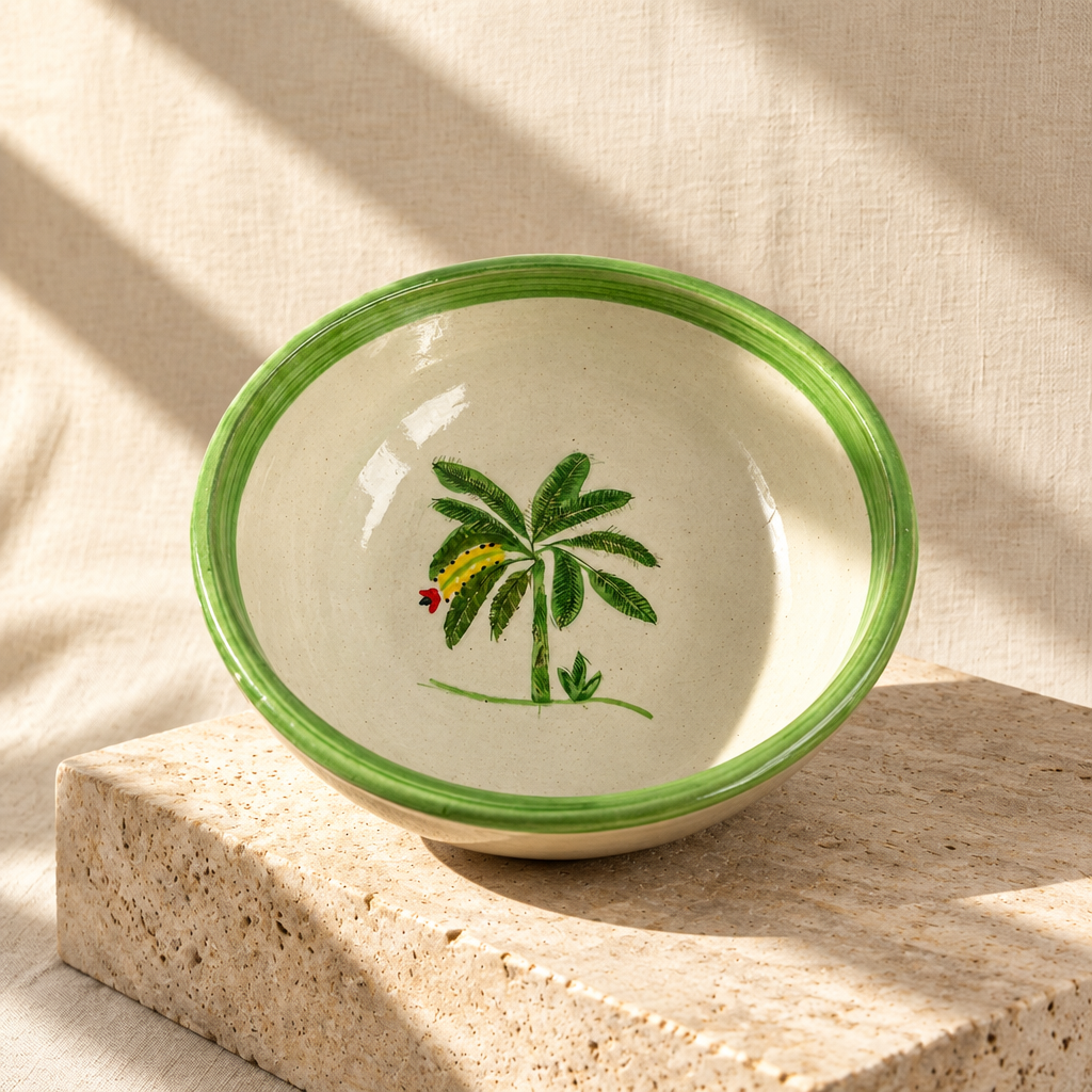 A round ceramic bowl with a light beige interior, a green rim, and a hand-painted green palm tree with a yellow and red caterpillar motif, shown from a top-down view on a white background.