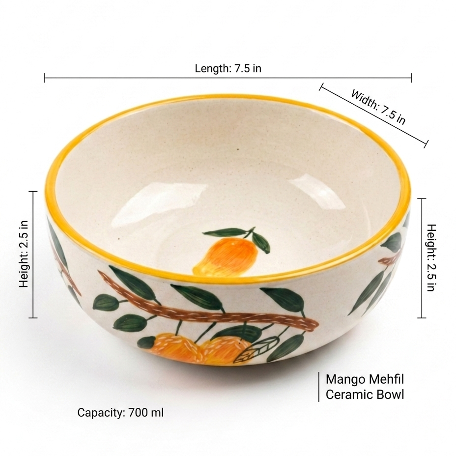 Ceramic bowl with mango design and measurements on a white background
