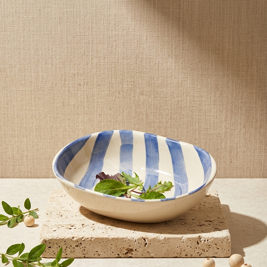 A ceramic bowl with blue and cream vertical stripes sits on a textured stone block, styled with fresh green herbs and small beige beads against a neutral beige background.
