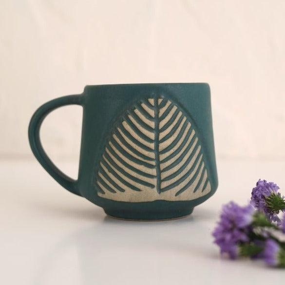 Leafy Teal Green Ceramic Coffee Cup - 300ml Capacity - Nurture India