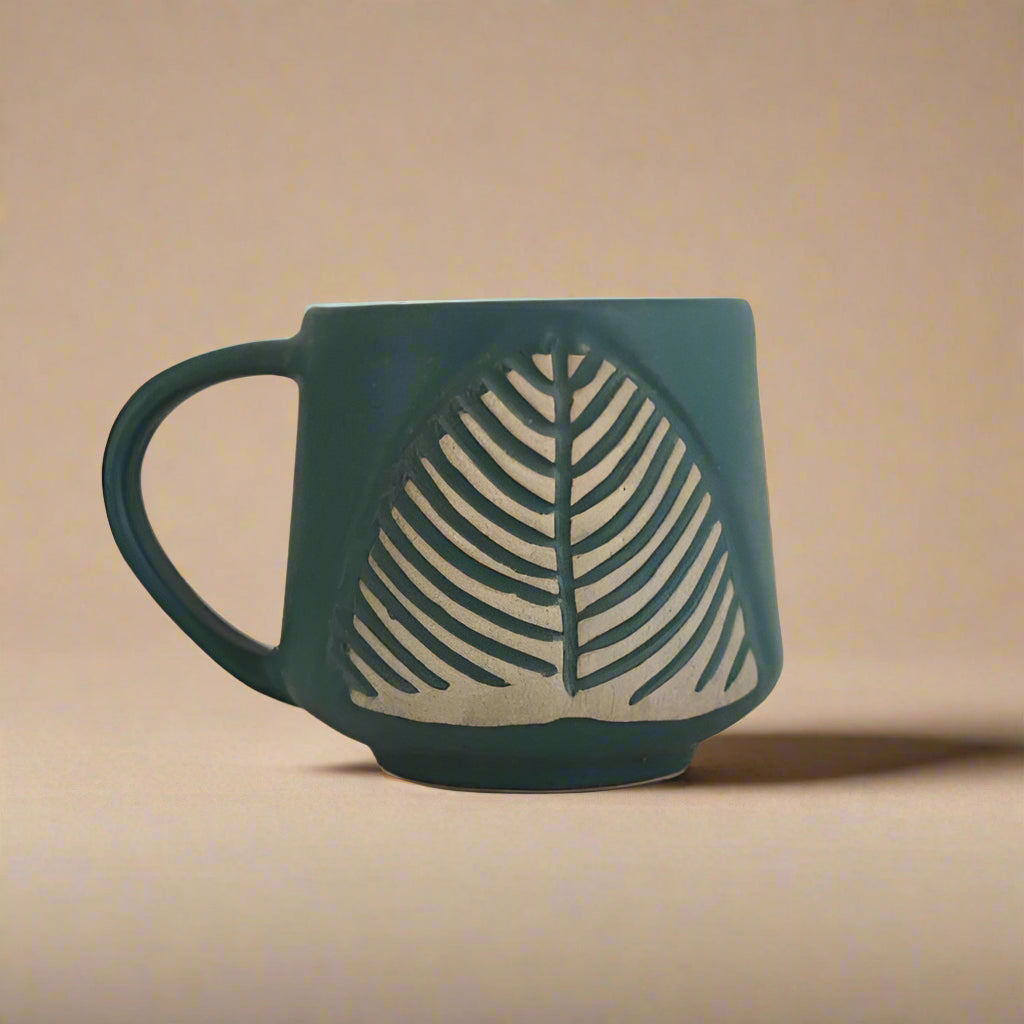 Leafy Teal Green Ceramic Coffee Cup - 300ml Capacity - Nurture India