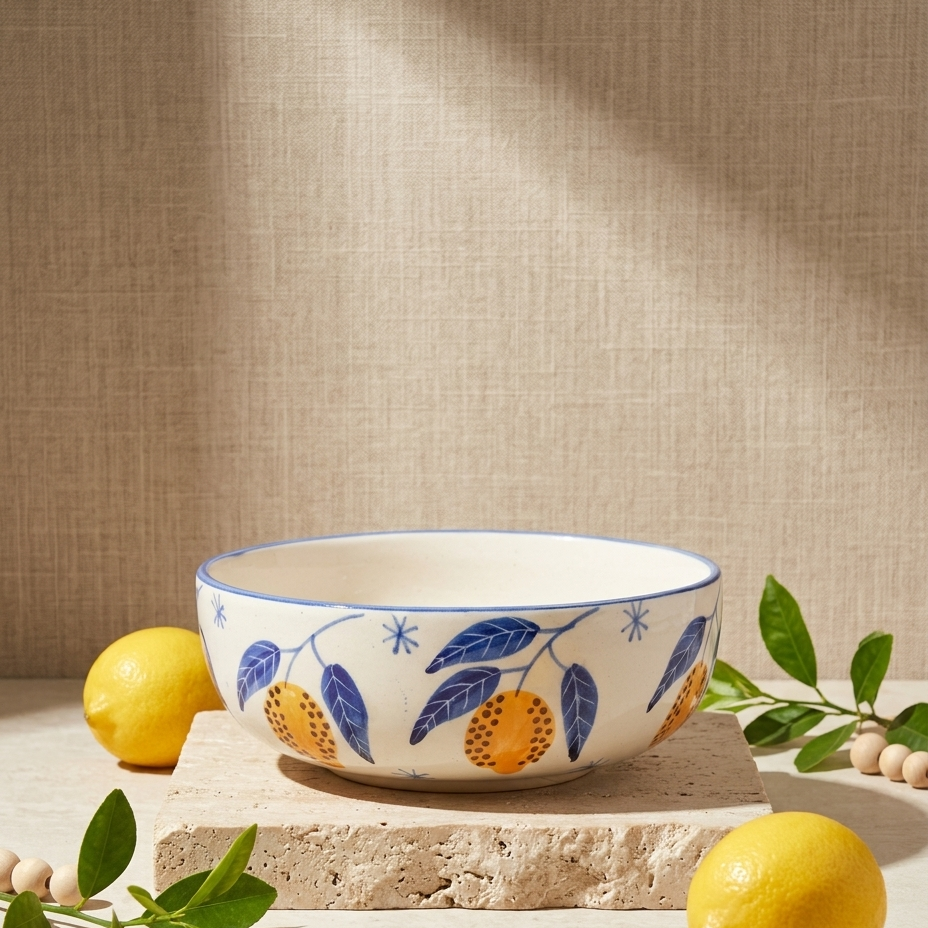 A white ceramic bowl decorated with blue leaves and yellow-orange citrus motifs, displayed on a stone pedestal with lemons and greenery in a warm, sunlit setting.