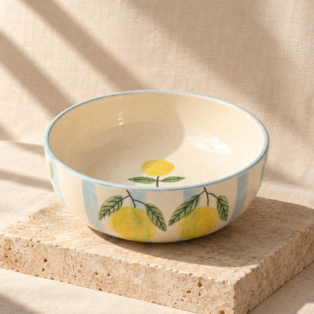 A ceramic bowl decorated with yellow lemons and green leaves, styled on a white surface with lemon slices, mint leaves, a spoon, and a beige napkin.