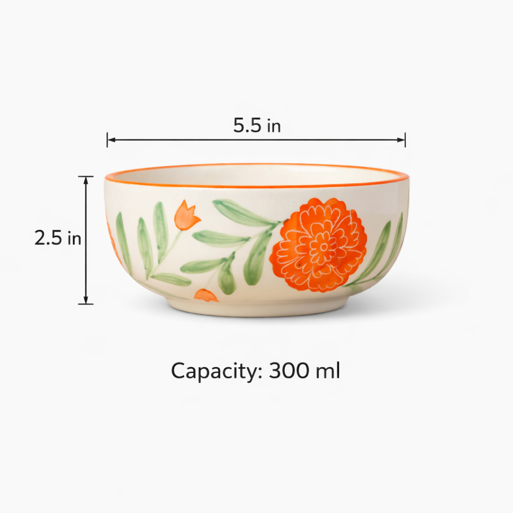 Decorative bowl with floral design and measurements on a white background