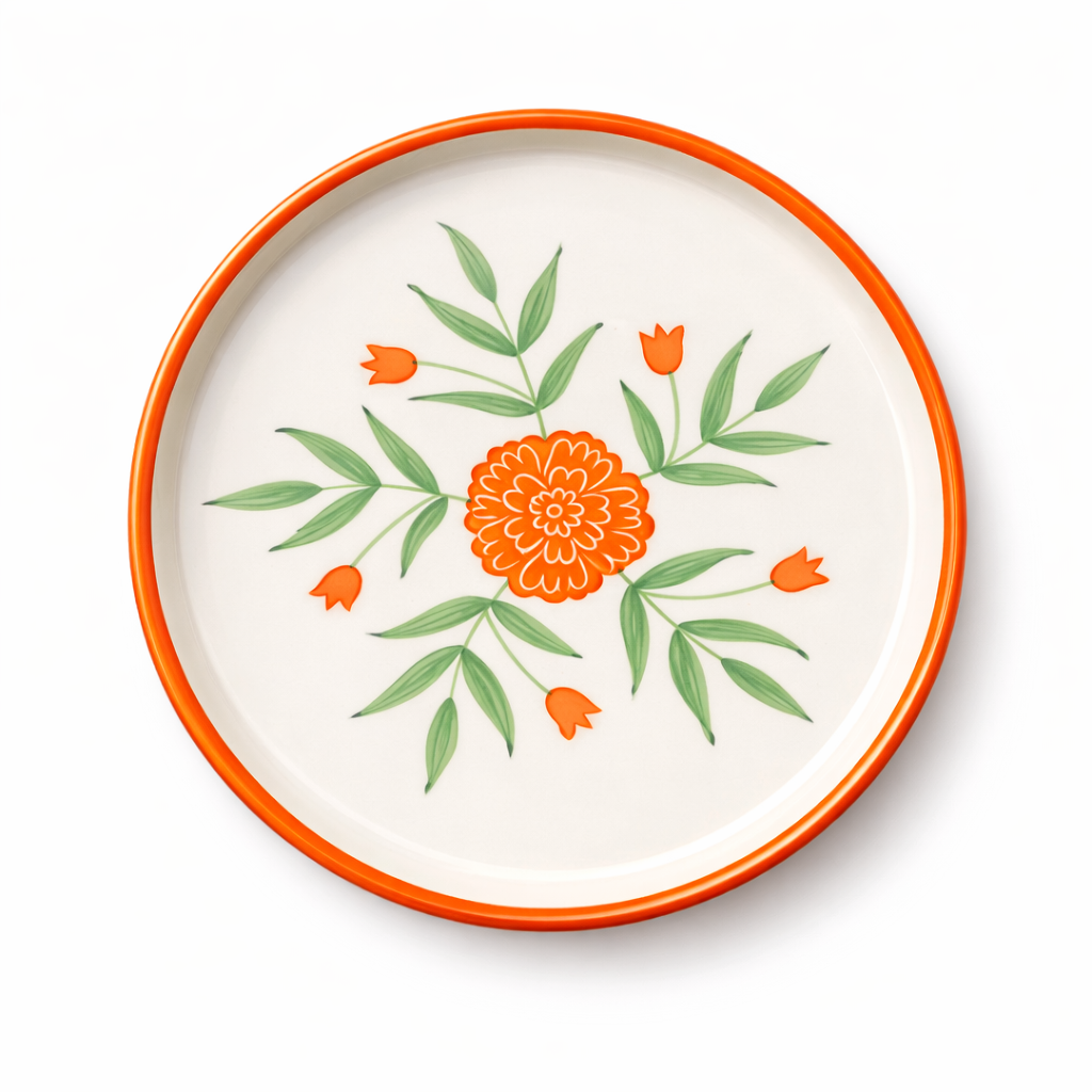 Decorative plate with orange floral design on a white background