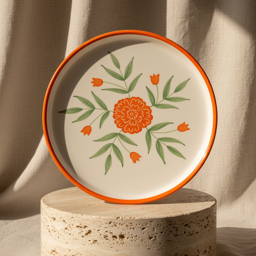Decorative plate with orange floral design on a white background