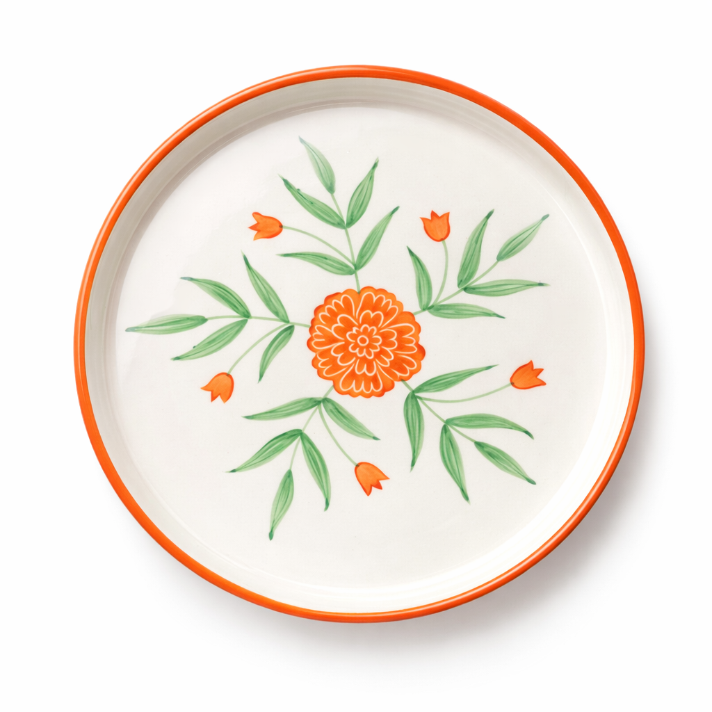 Decorative plate with orange floral design on a white background