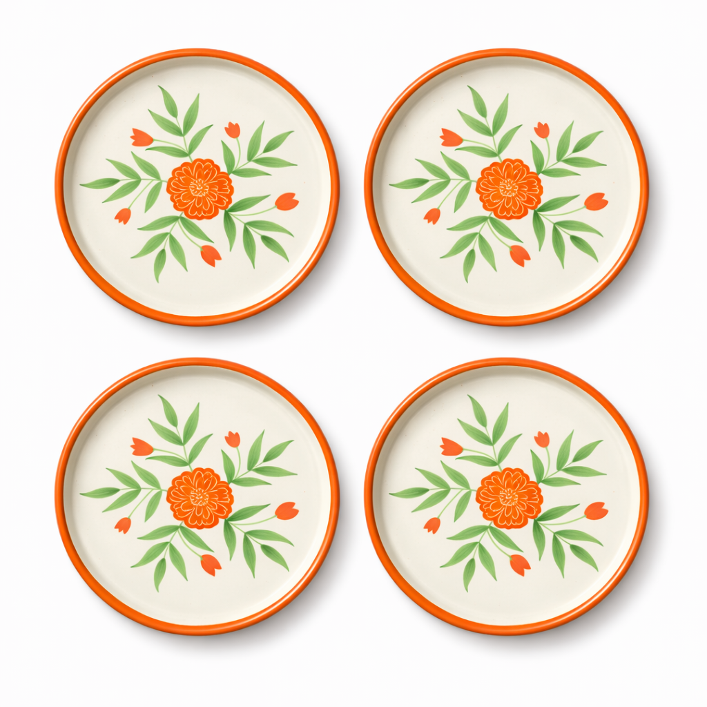 Four ceramic plates with floral patterns on a white background