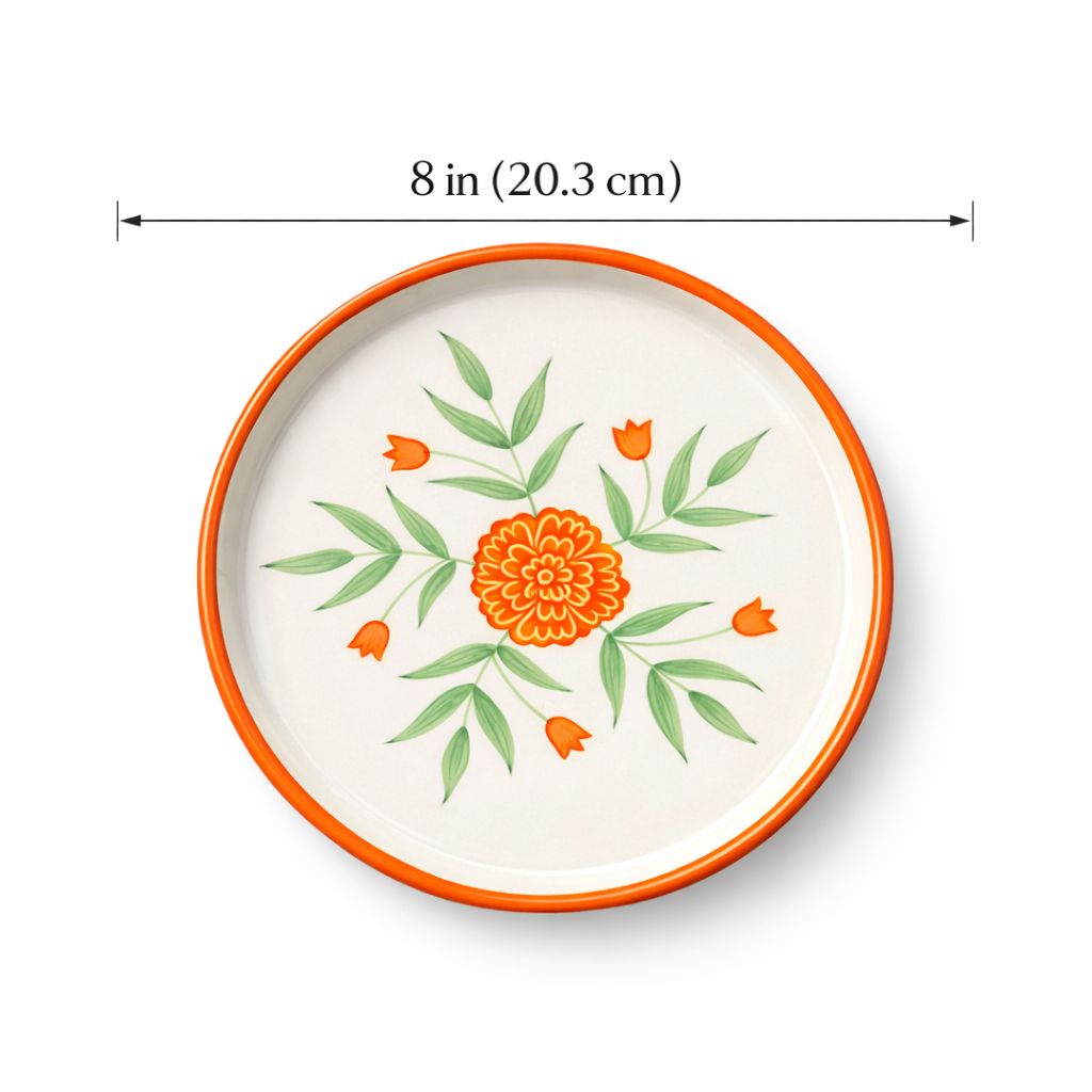 Decorative plate with floral design and orange rim, shown with a measurement label on a white background.