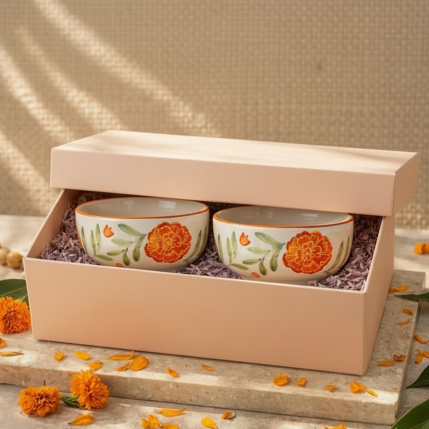 Two small white ceramic cups with orange and green floral designs, presented in a light pink gift box with shredded purple filler. The box is styled on a stone slab with scattered orange flower petals and leaves.