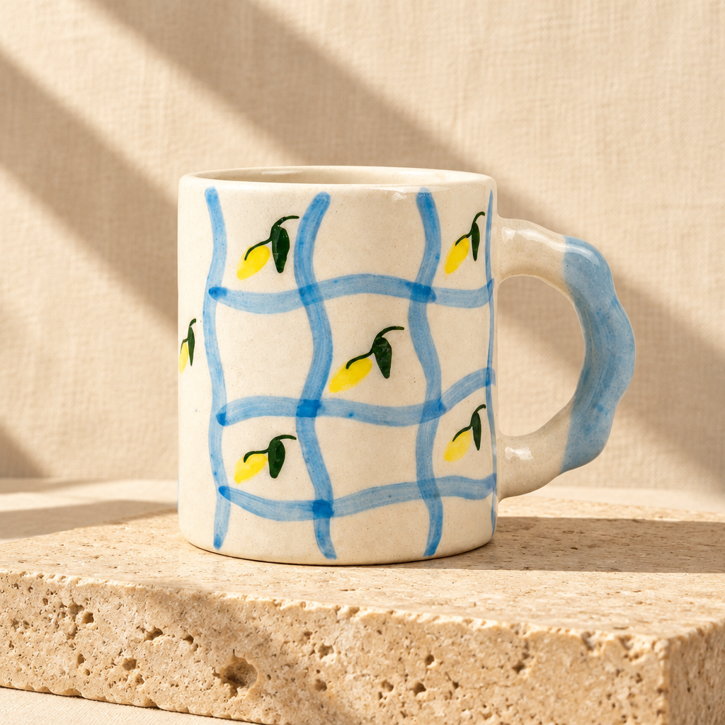 Mug with lemon pattern on a white background