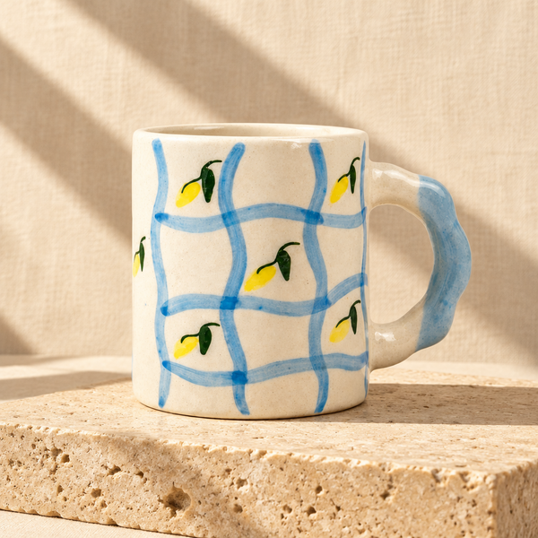 Mug with lemon pattern on a white background