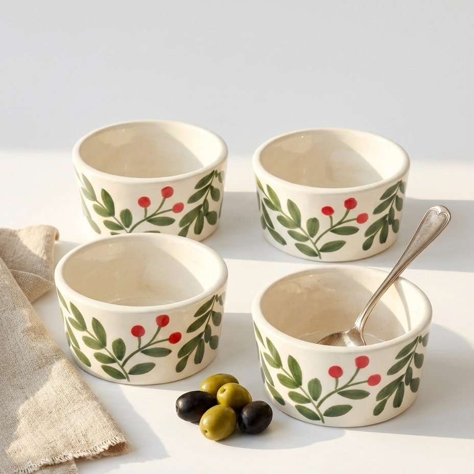 Four cream-colored ceramic bowls with a green leaf and red berry pattern, arranged on a light surface with a silver spoon in one bowl, alongside olives and a beige cloth.