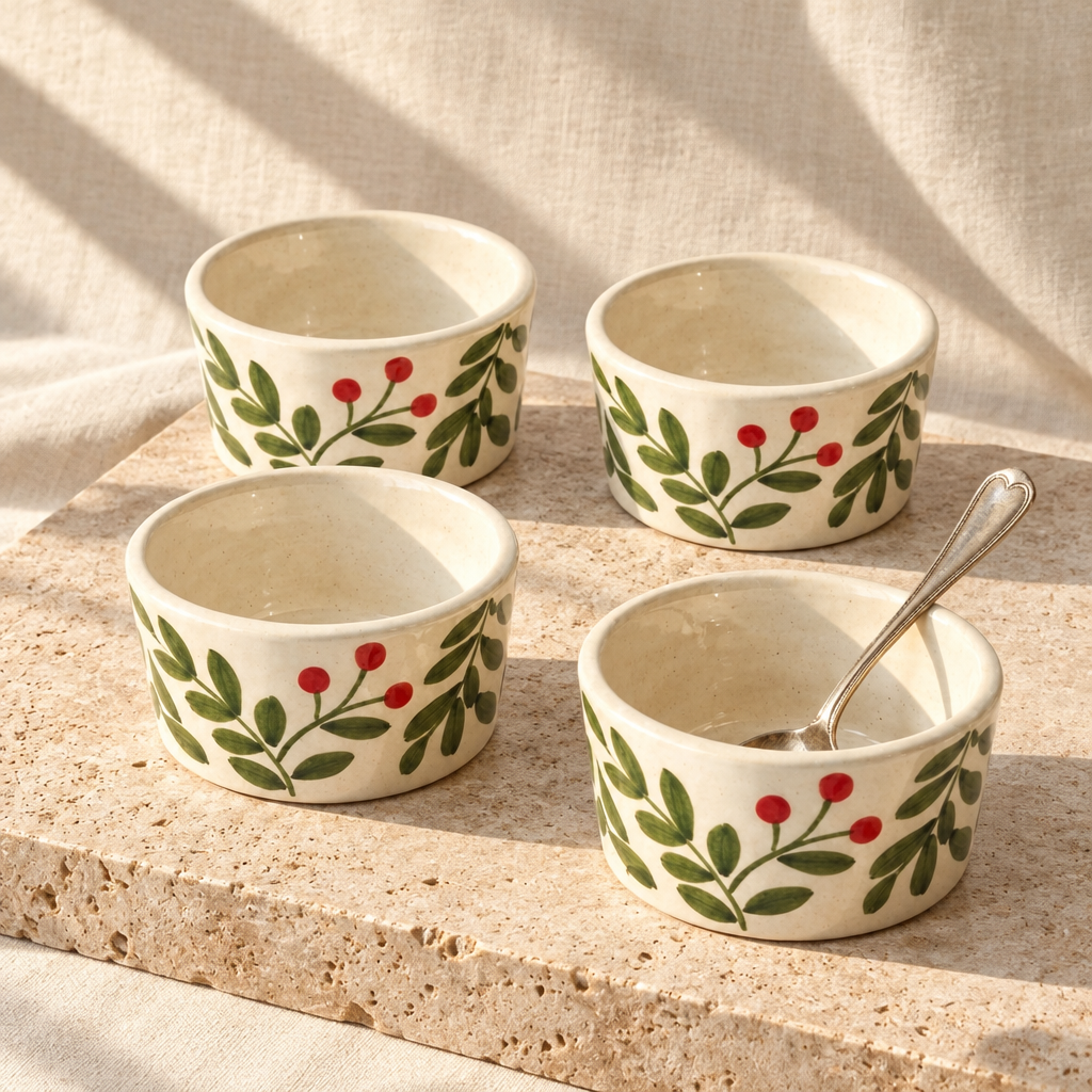 Four cream-colored ceramic bowls with a green leaf and red berry pattern, arranged on a light surface with a silver spoon in one bowl, alongside olives and a beige cloth.