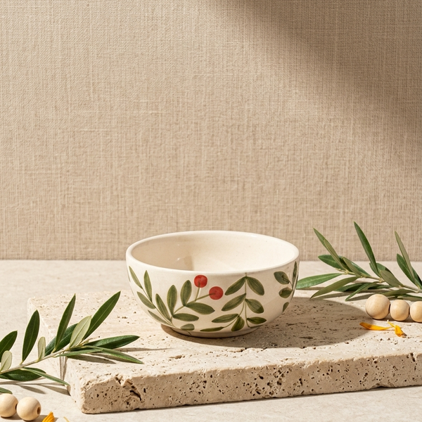A cream-colored ceramic bowl decorated with green leaves and small red berries, styled on a textured stone slab with olive branches and dried chickpeas against a linen backdrop.