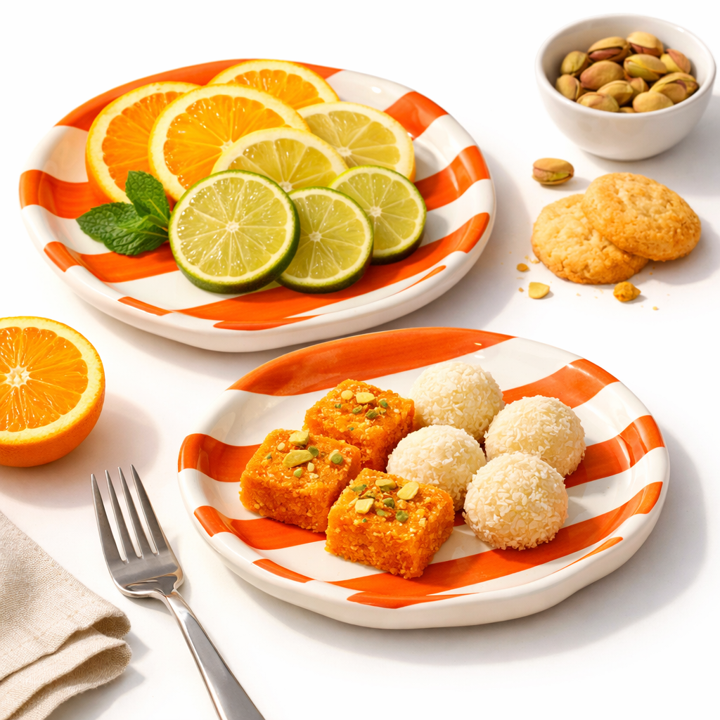 Plates of sweet dishes with fruits and cookies on a white background