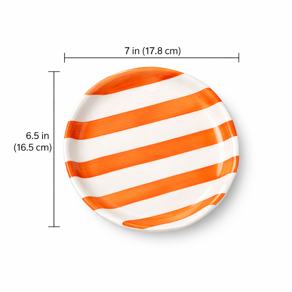 Orange and white striped plate with dimensions on a white background