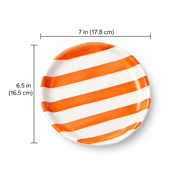 Orange and white striped plate with dimensions on a white background