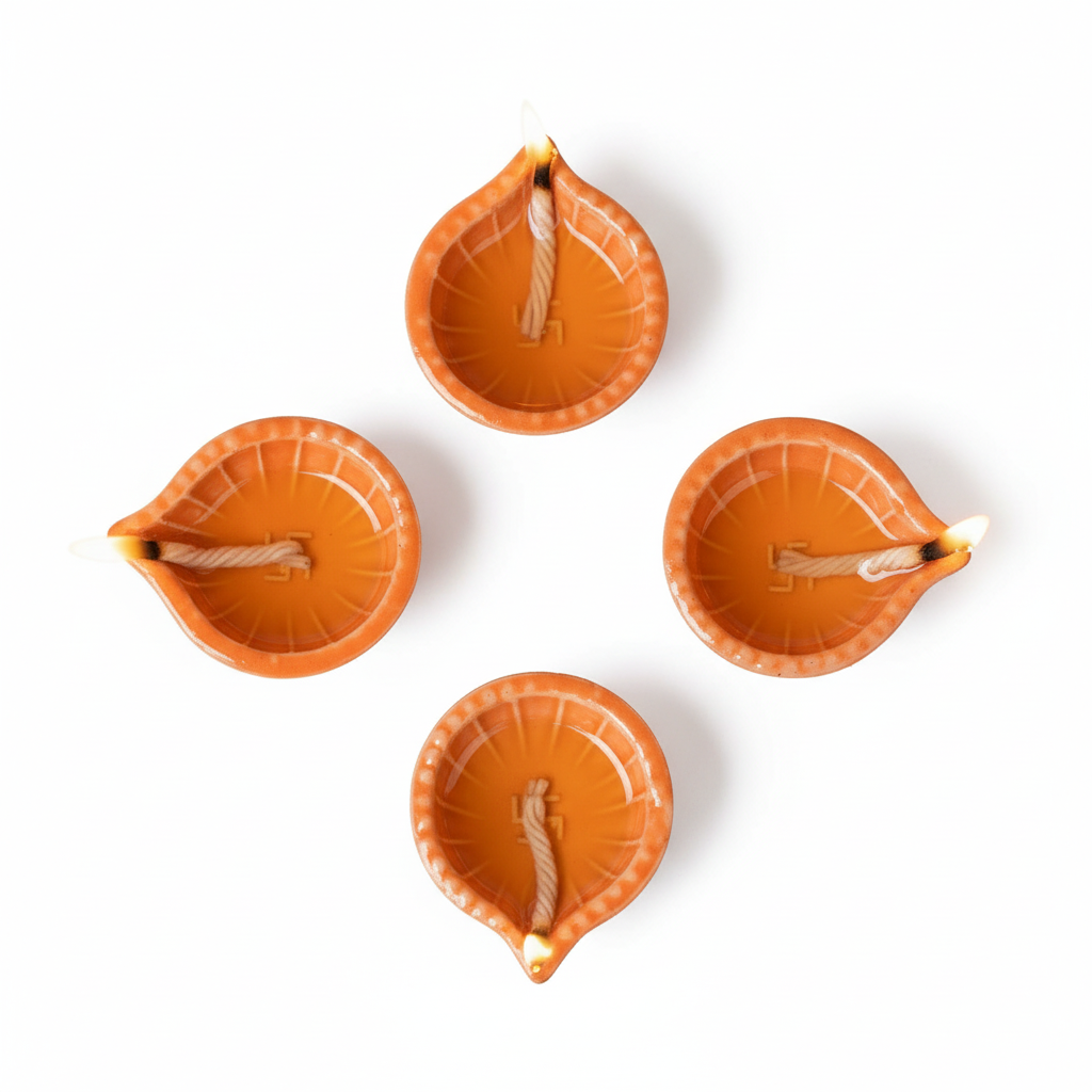 Orange Swastik Clay Diyas - Set of 4