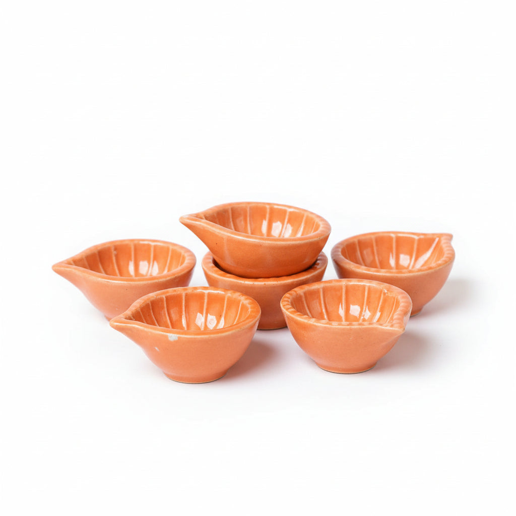 Orange Swastik Clay Diyas - Set of 4