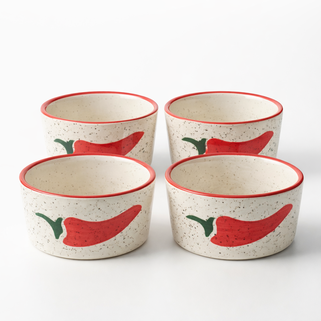 Four ceramic bowls with red pepper design on a white background
