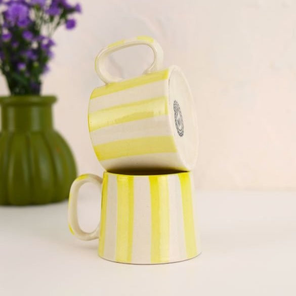 Pastel Yellow Stripe Ceramic Coffee Cup - 220ml Capacity - Nurture India