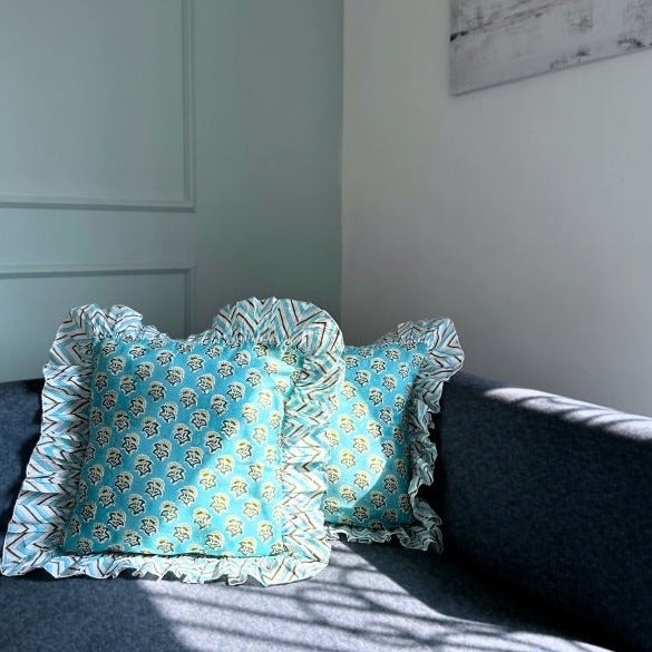 Powder Blue Floral Ruffle Cushion Cover 16x16 - Nurture India