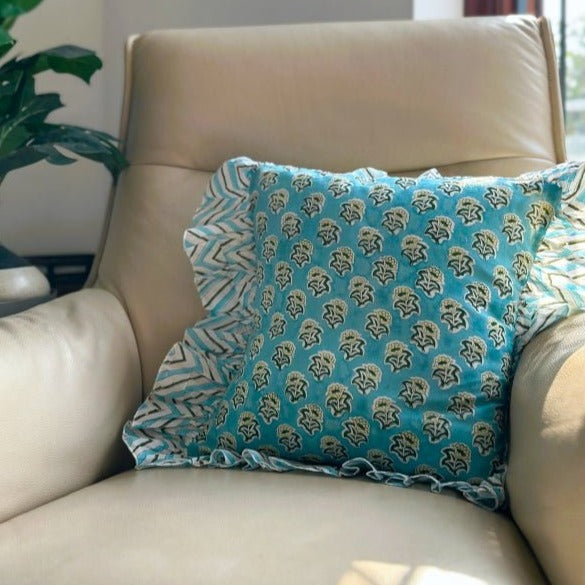 Powder Blue Floral Ruffle Cushion Cover 16x16 - Nurture India