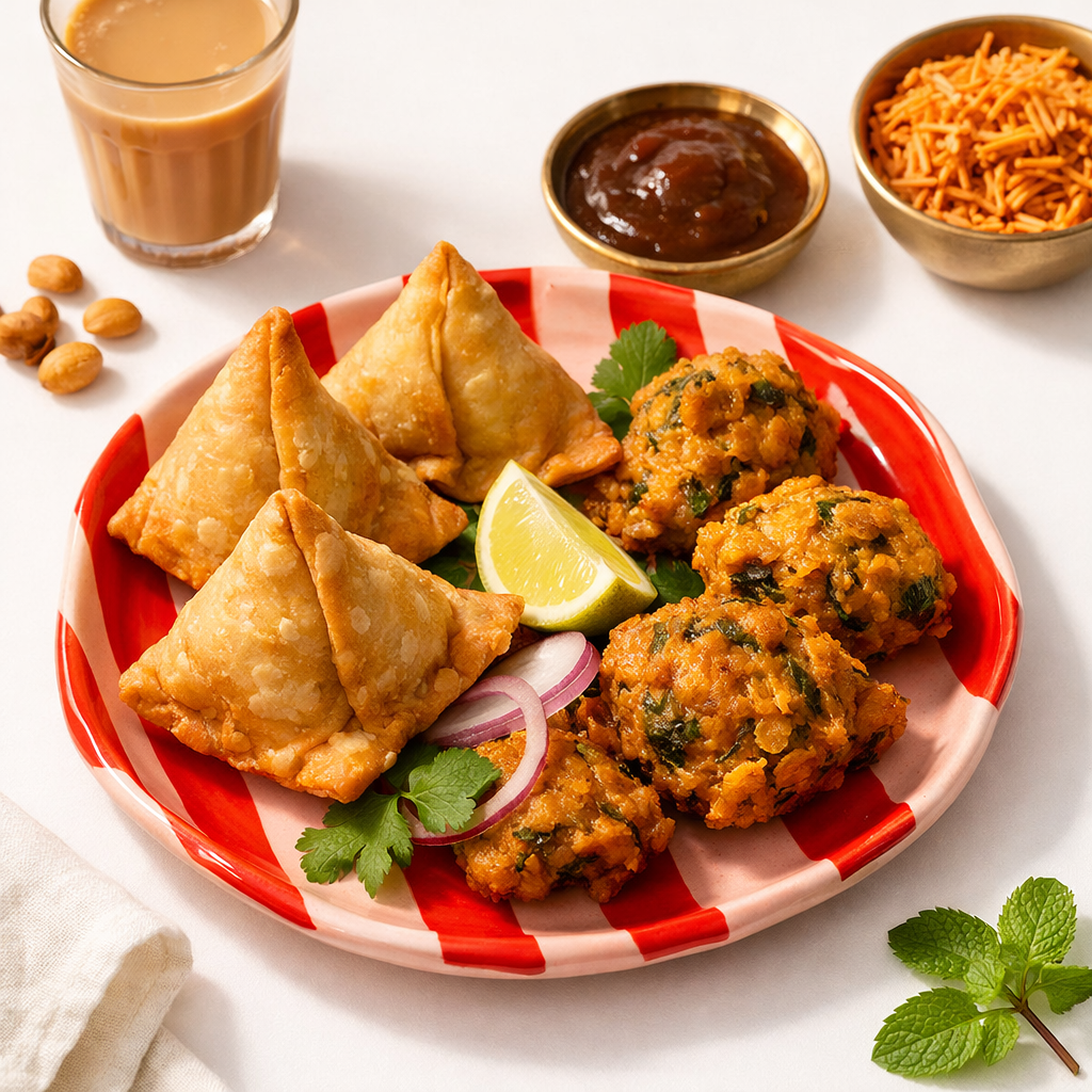 Plated food with samosas, fried snacks, and accompaniments on a white background