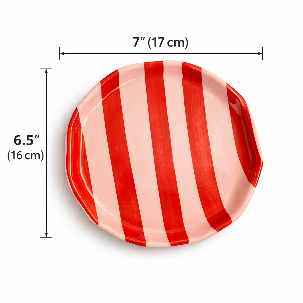 Red and white striped plate with dimensions on a white background