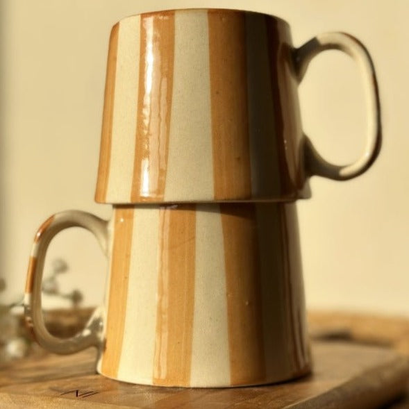 Sandy Brown Stripe Ceramic Coffee Cup - 220ml Capacity - Nurture India