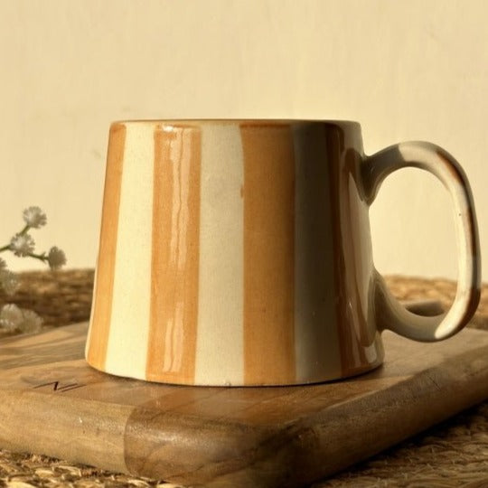 Sandy Brown Stripe Ceramic Coffee Cup - 220ml Capacity - Nurture India
