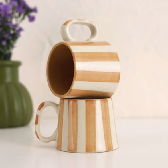 Sandy Brown Stripe Ceramic Coffee Cup - 220ml Capacity - Nurture India