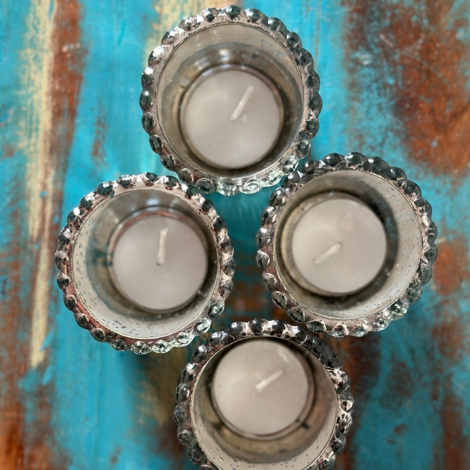 Scalloped Silver Antique Glass Tealight Candle Holder - Nurture India