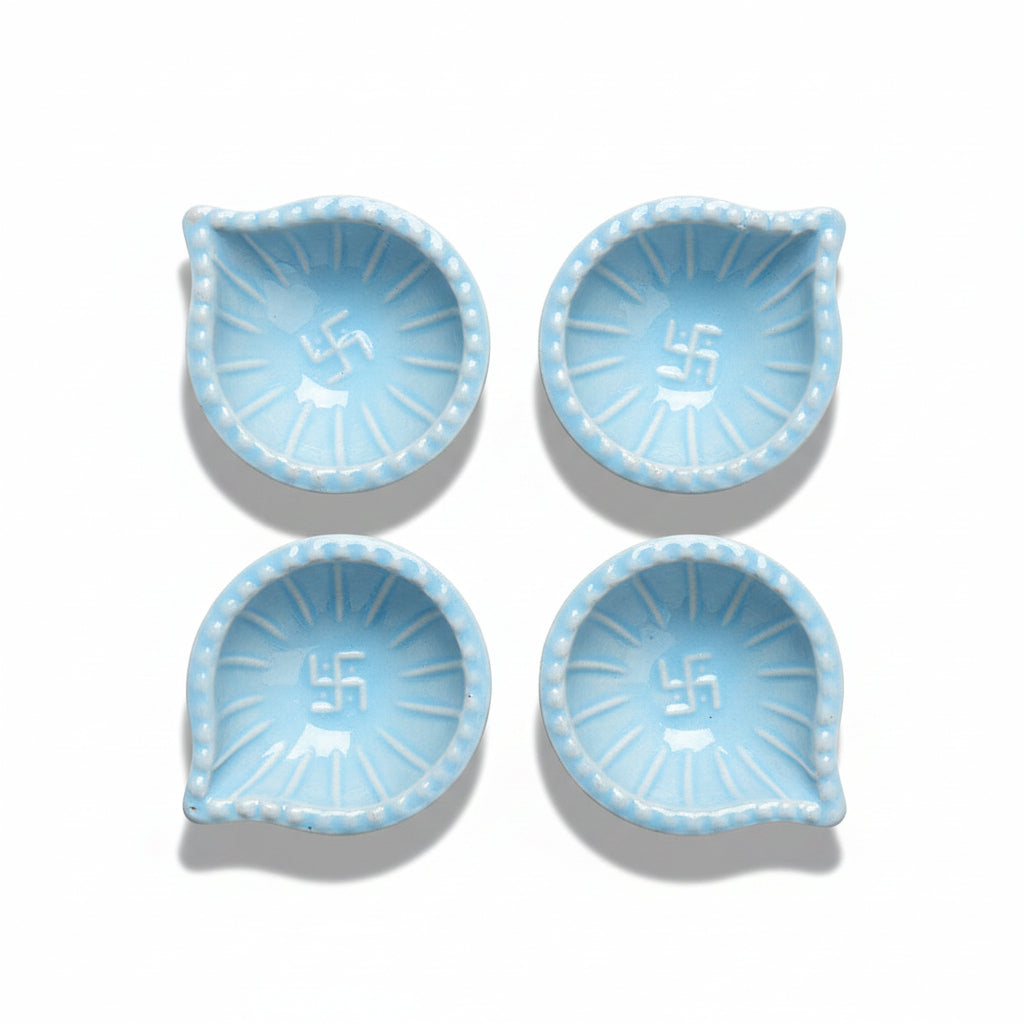 Sky Blue Swastik Clay Diyas - Set of 4