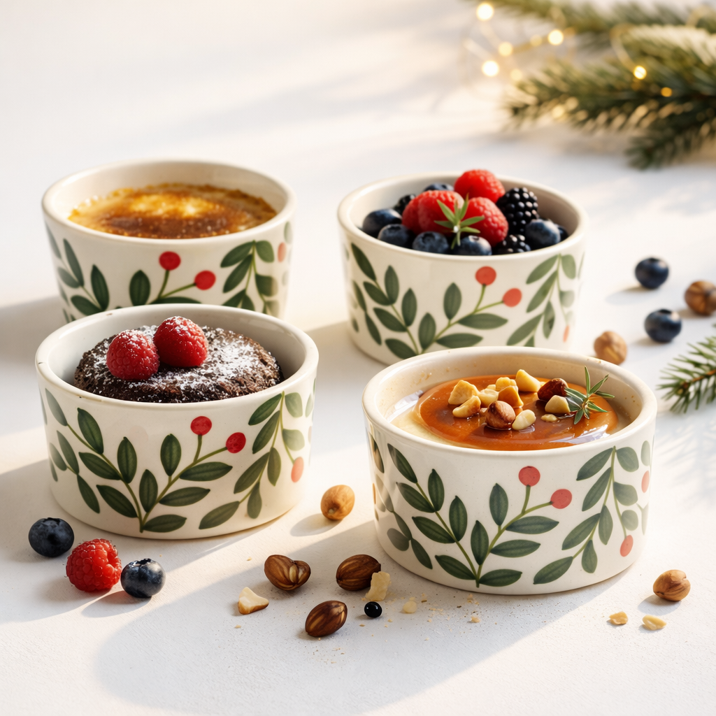 Four ceramic ramekins with dessert toppings on a light surface with decorative elements.