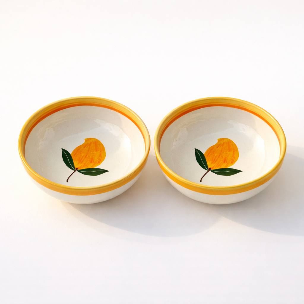 Two ceramic bowls with yellow rims and lemon designs on a white background