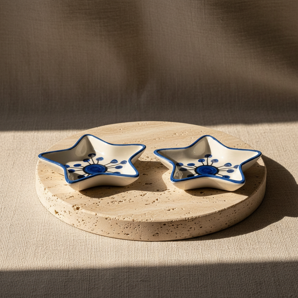 Two small star-shaped ceramic dishes with blue rims and a blue central medallion, each decorated with radiating blue dots and lines on a white interior, shown on a light gray background.