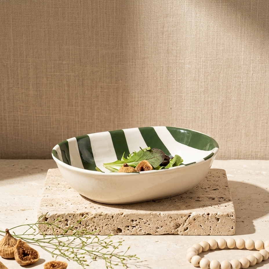 A ceramic bowl with alternating dark green and cream horizontal stripes, filled with a salad, styled on a textured stone block with dried figs and a wooden bead bracelet against a linen backdrop.