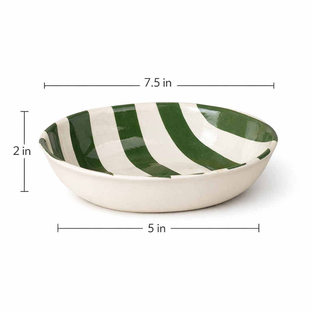 Green and white striped ceramic bowl with dimensions on a white background