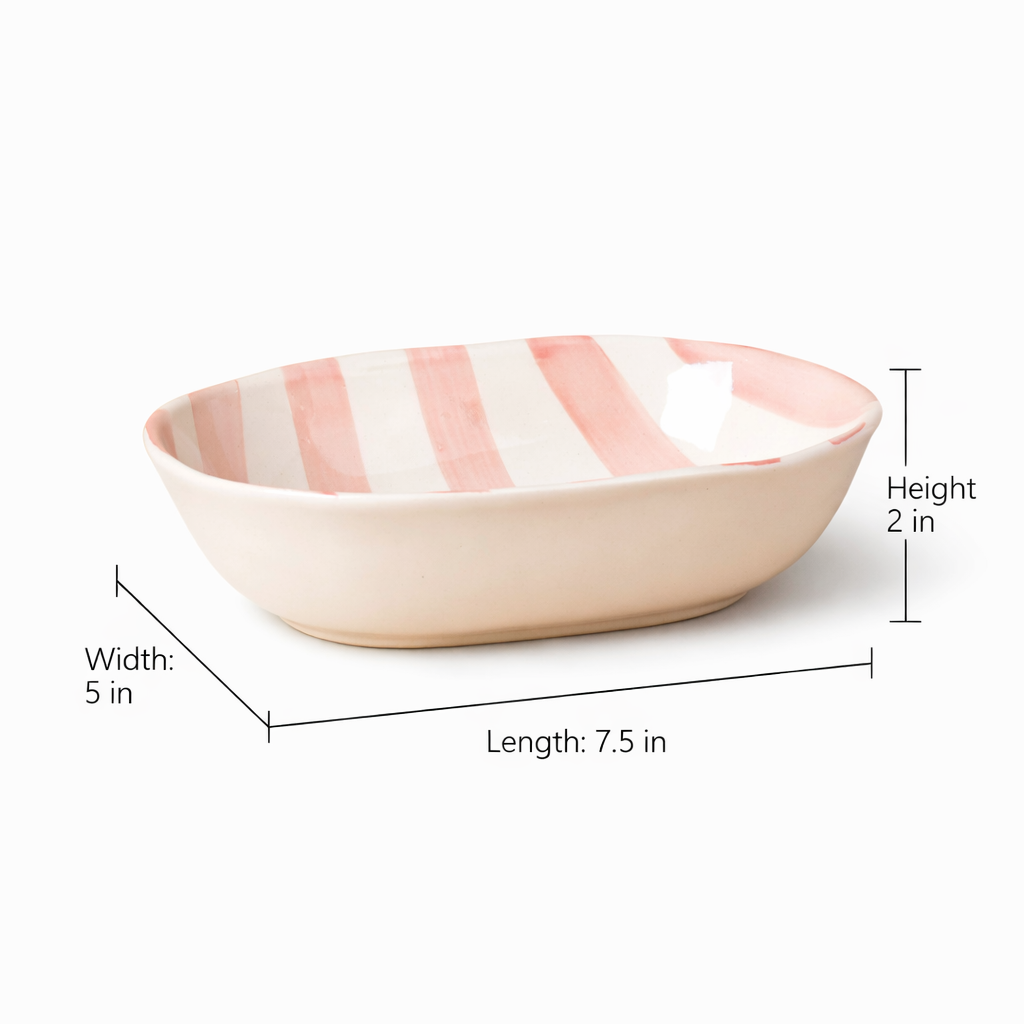 Pink and white striped ceramic bowl with dimensions on a white background