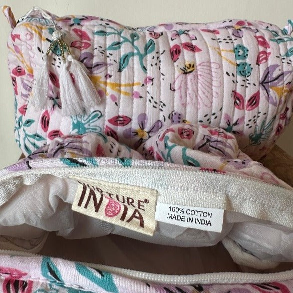 White Handblockprinted Water Resistant Cosmetic Pouch Set of 3 - Nurture India