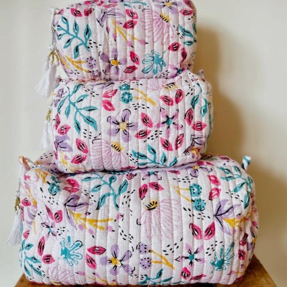 White Handblockprinted Water Resistant Cosmetic Pouch Set of 3 - Nurture India