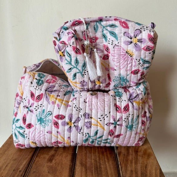 White Handblockprinted Water Resistant Cosmetic Pouch Set of 3 - Nurture India