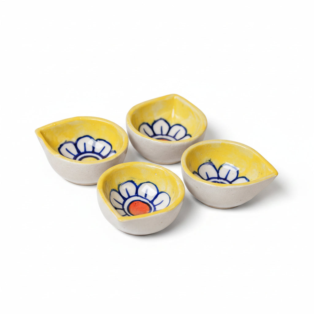 Yellow Bloom Ceramic Diya's Set of 4