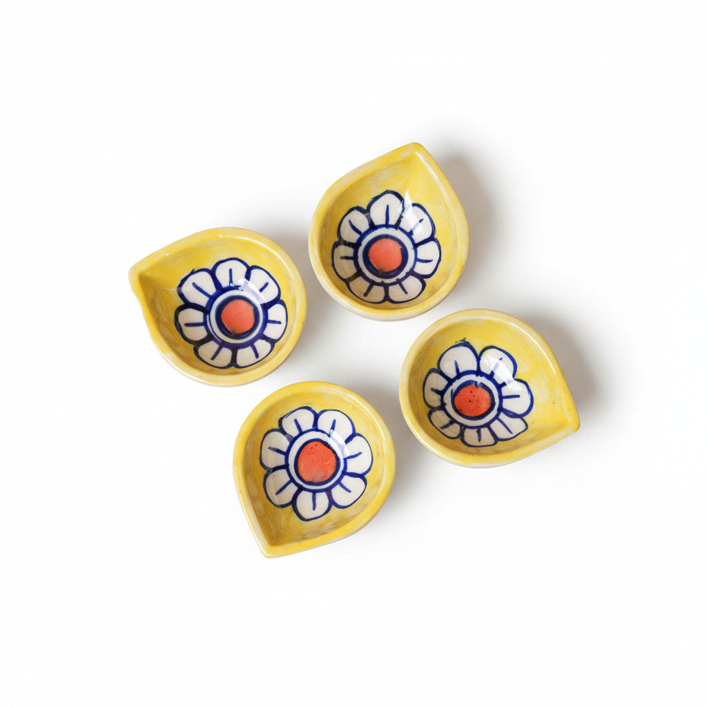 Yellow Bloom Ceramic Diya's Set of 4