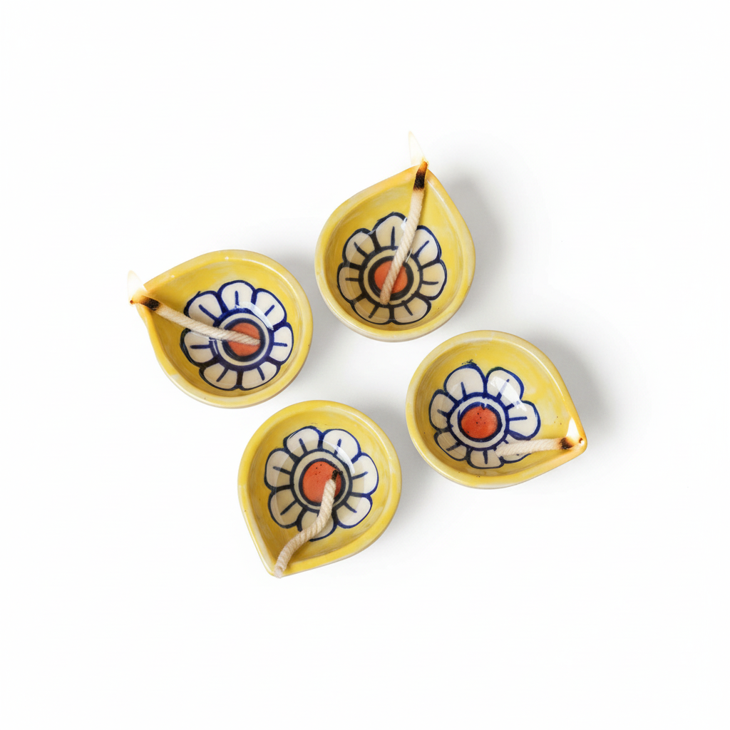 Yellow Bloom Ceramic Diya's Set of 4