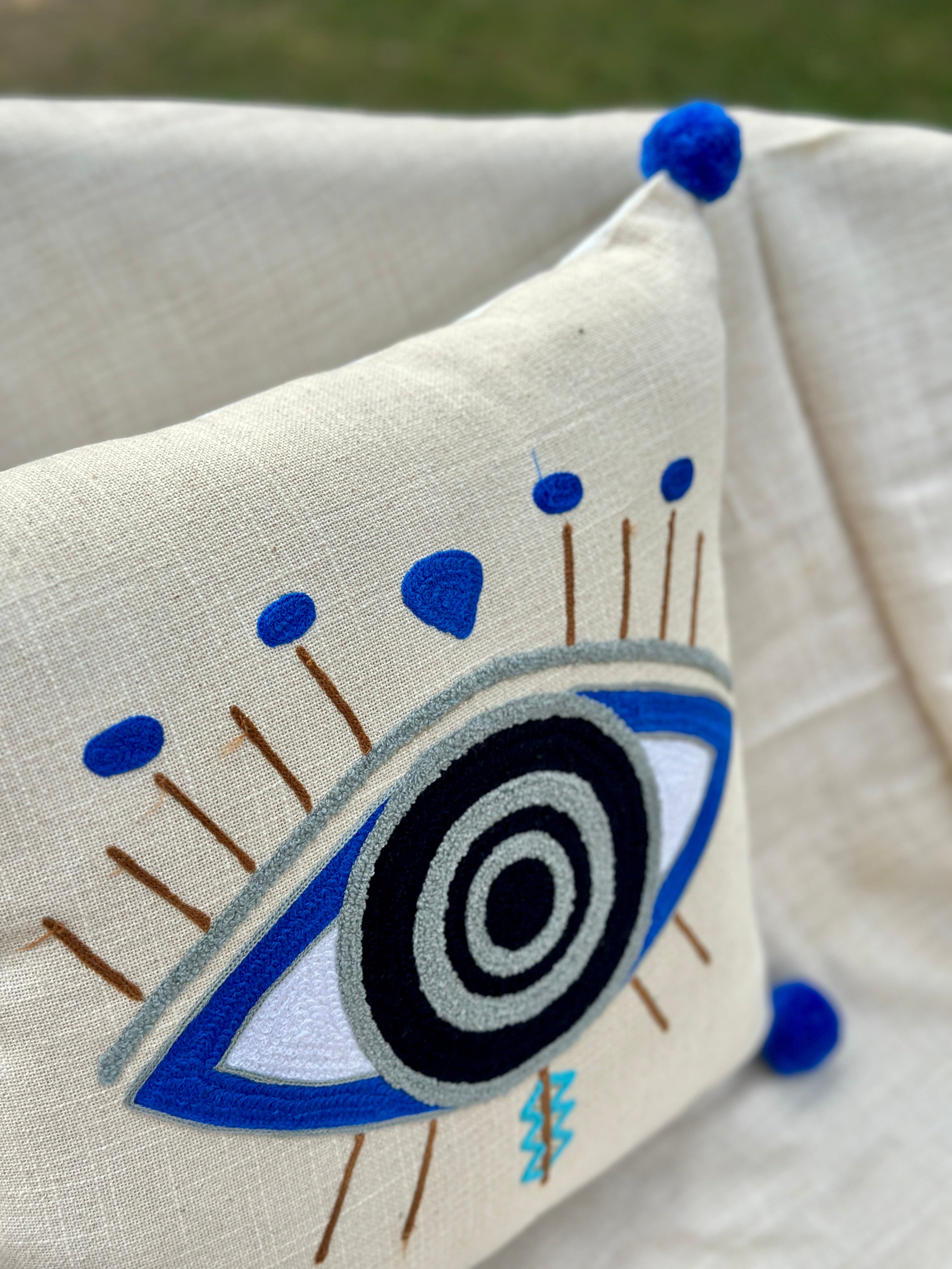 Evil Eye Blue Tufted Cushion Cover