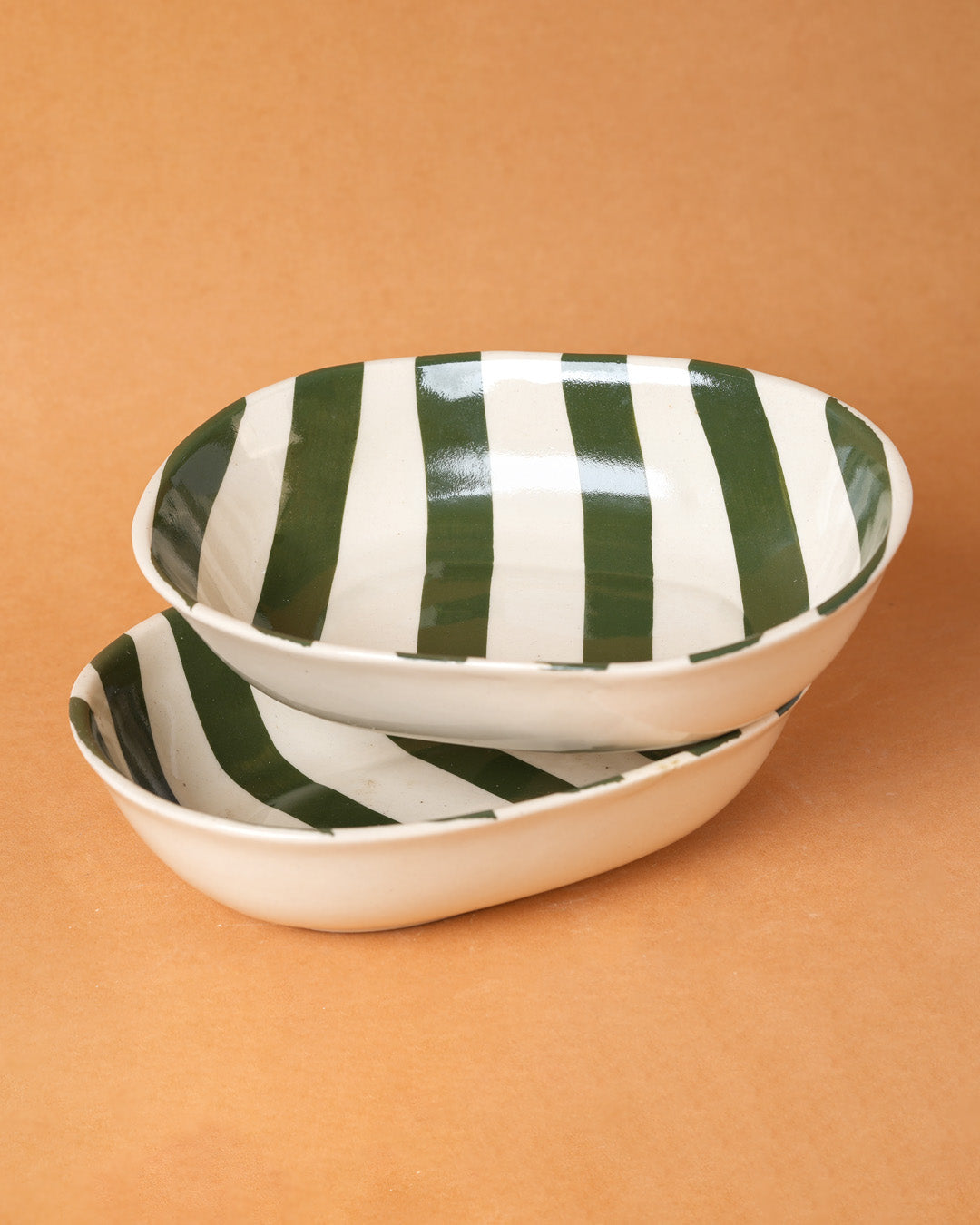 Vintage Army Green Stripe Ceramic Bowl